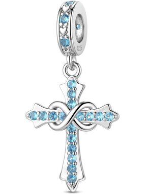 Women's Sky Blue 925 Sterling Silver Birthstone Cross Compatible Charms Beads
